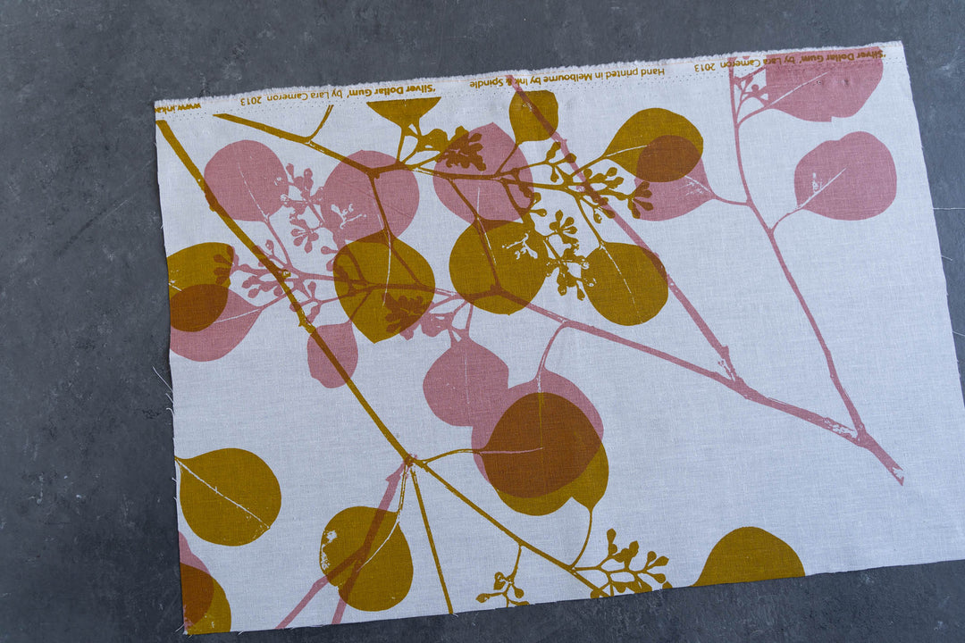 hand screen printed linen remnant – silver-dollar-gum design – australian made