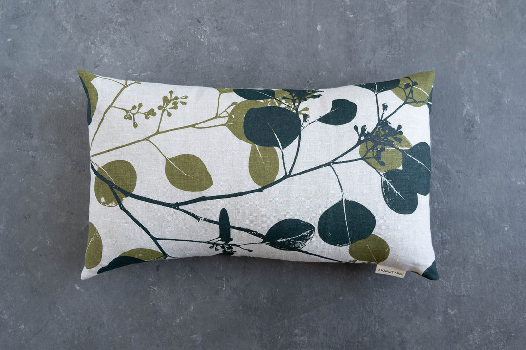 hand screen printed linen rectangle cushion – silver-dollar-gum design – australian made