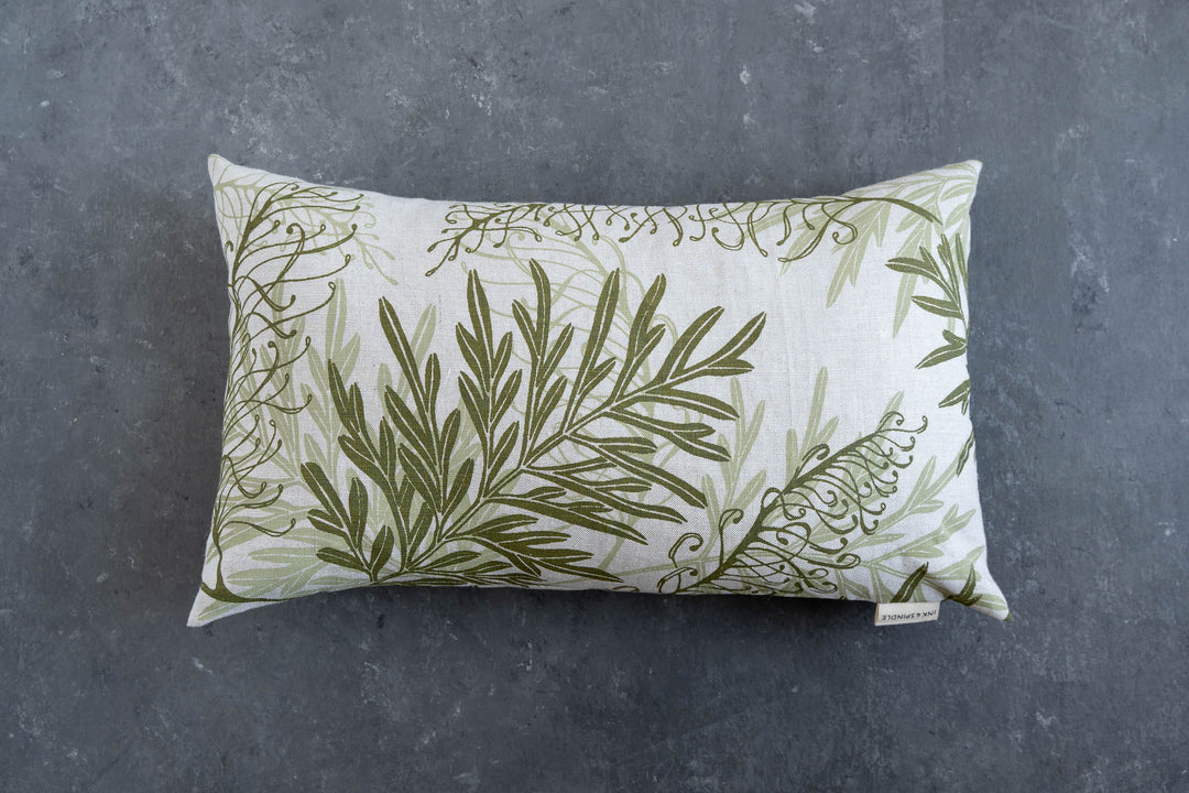 hand screen printed linen rectangle cushion – silky-oak design – australian made