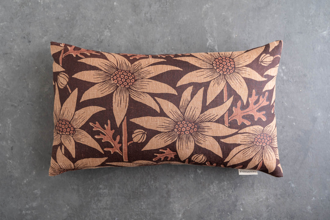 hand screen printed linen rectangle cushion – flannel-flower design – australian made