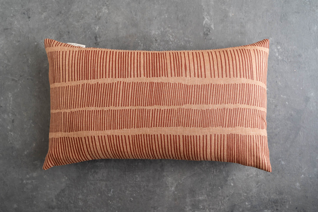hand screen printed linen rectangle cushion – sticks design – australian made