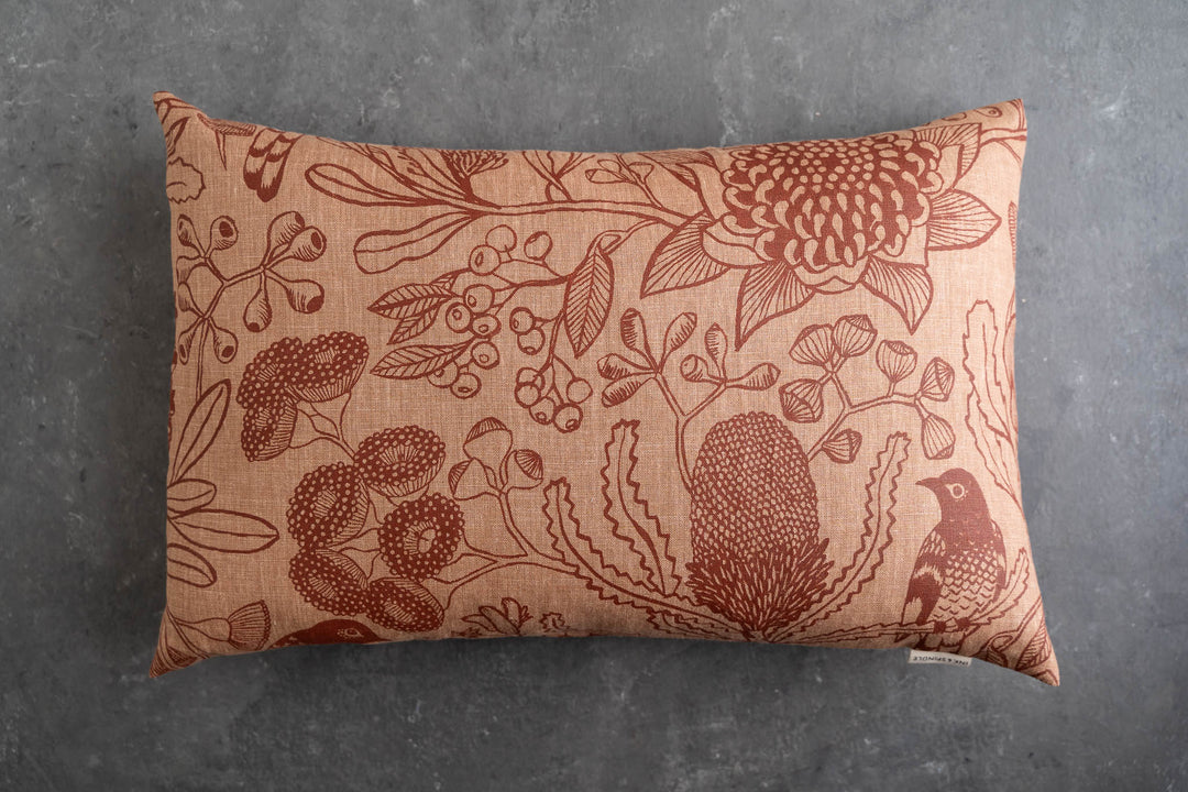 hand screen printed linen rectangle cushion – botanica design – australian made