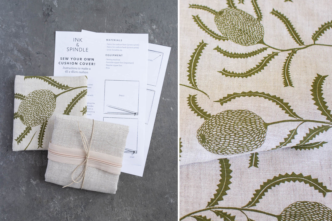 hand screen printed linen kit – sawtooth-banksia design – australian made
