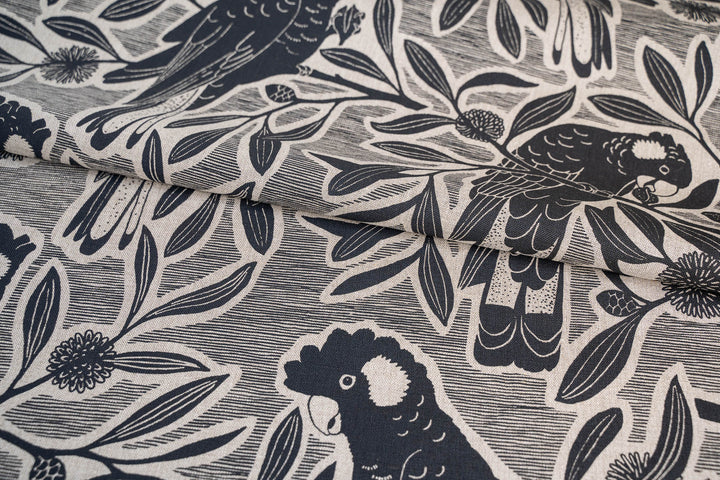 hand screen printed linen yardage – black-cockatoo design – australian made