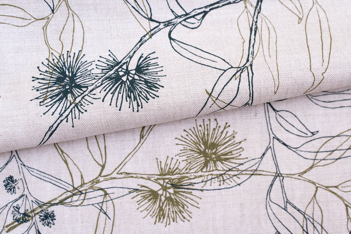 hand screen printed linen yardage – flowering-gum design – australian made