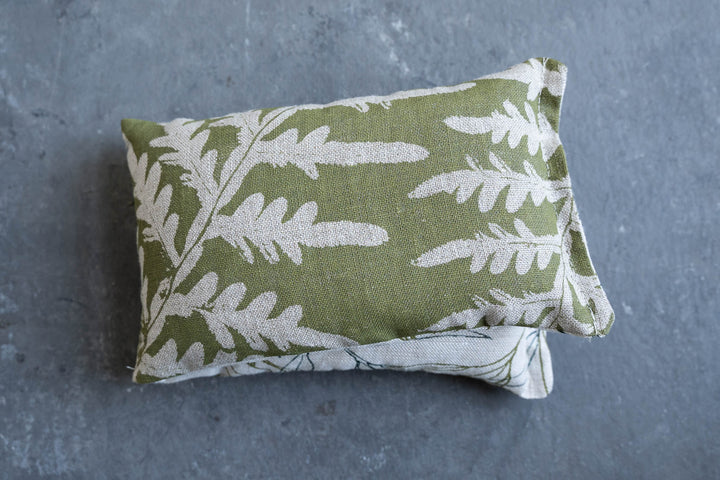 hand screen printed linen textile – bracken; flowering-gum design – australian made