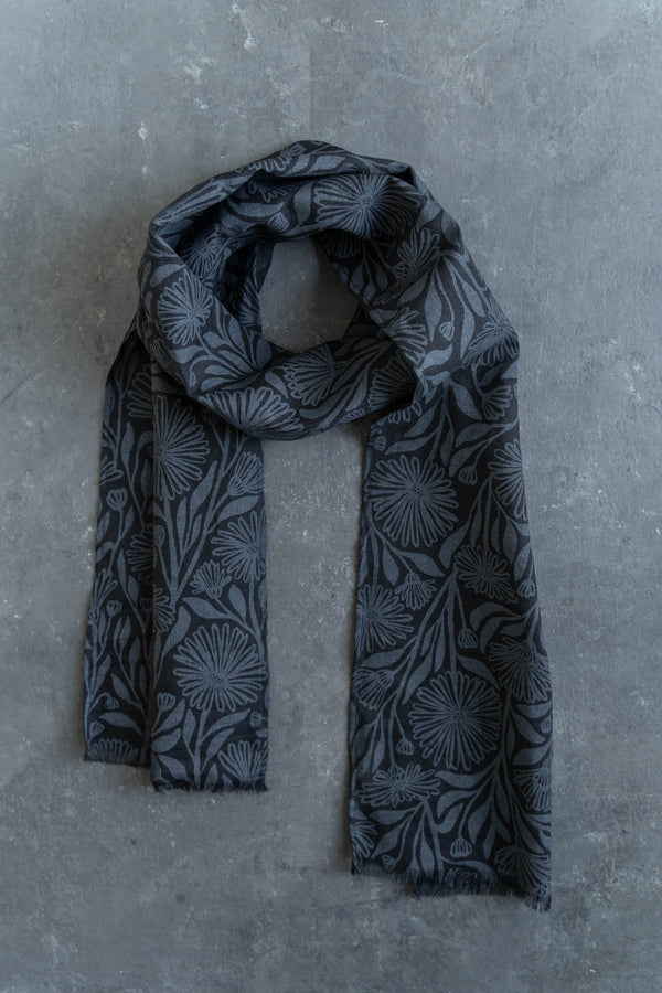 Handprinted Linen Scarf - Native Daisy in Black
