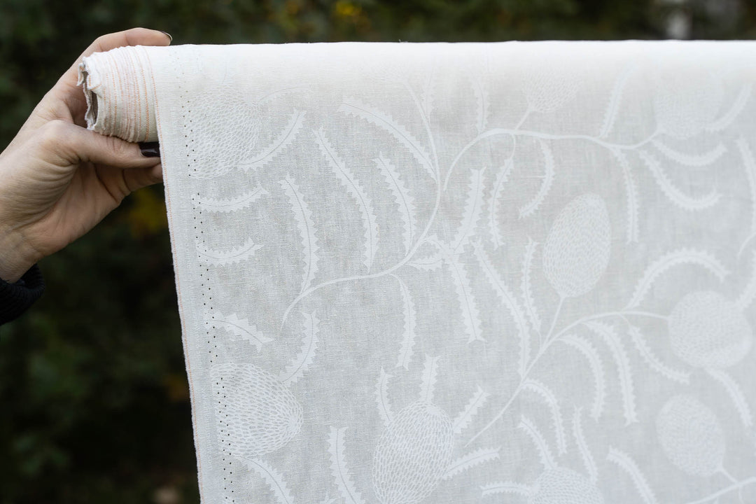hand screen printed linen yardage – sawtooth-banksia design – australian made