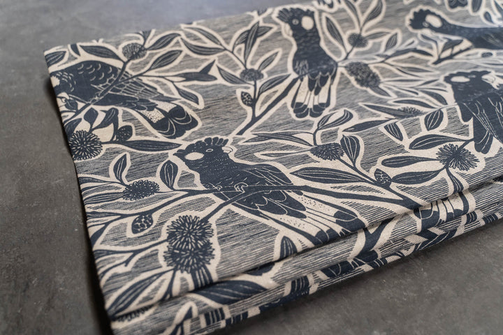 Discounted Roman Blind - Black Cockatoo in Bluestone