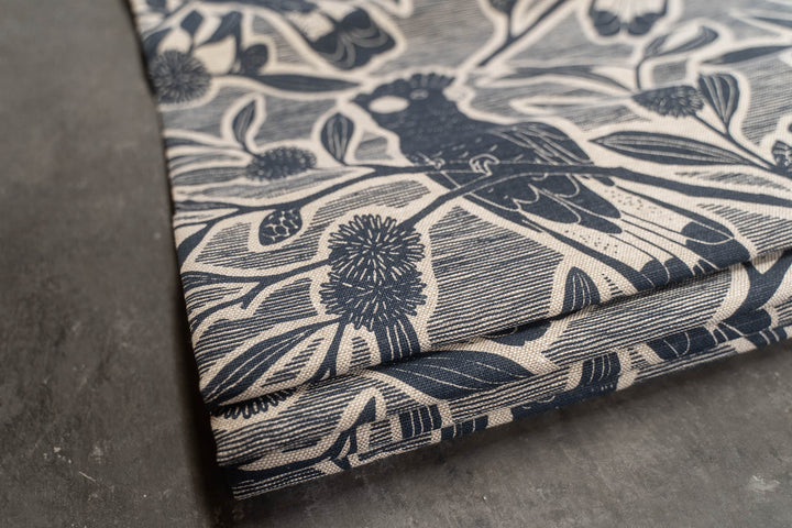 Discounted Roman Blind - Black Cockatoo in Bluestone