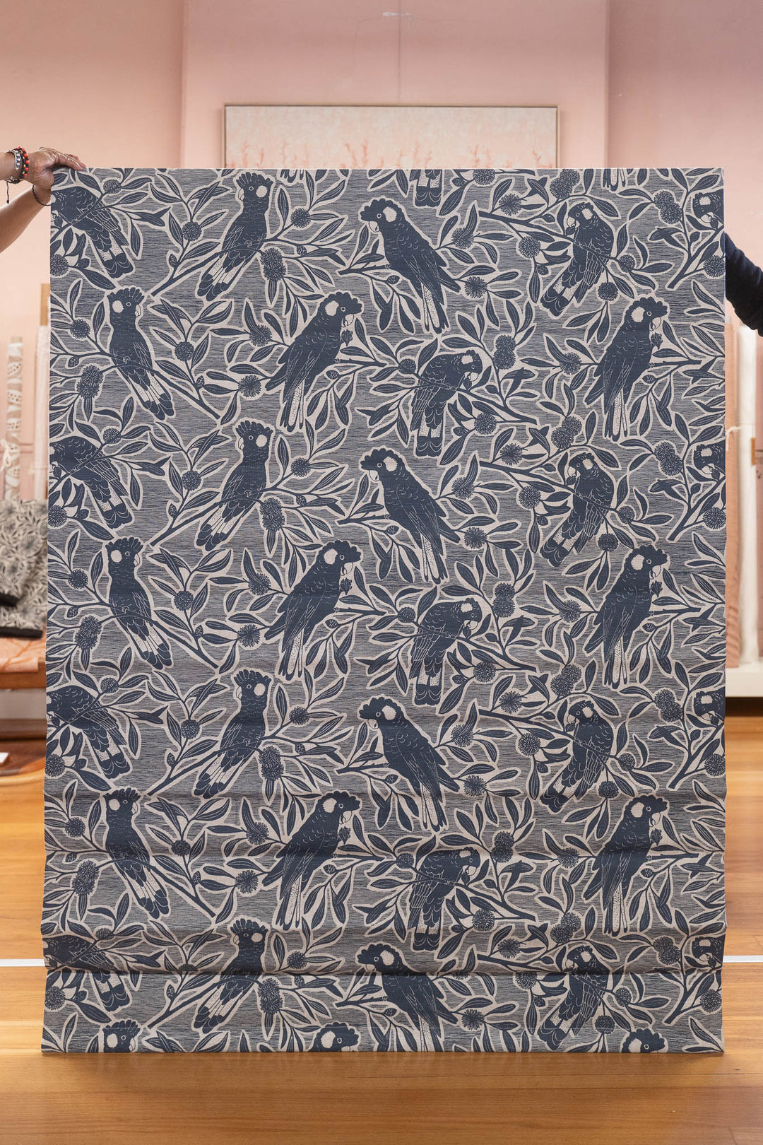 Discounted Roman Blind - Black Cockatoo in Bluestone