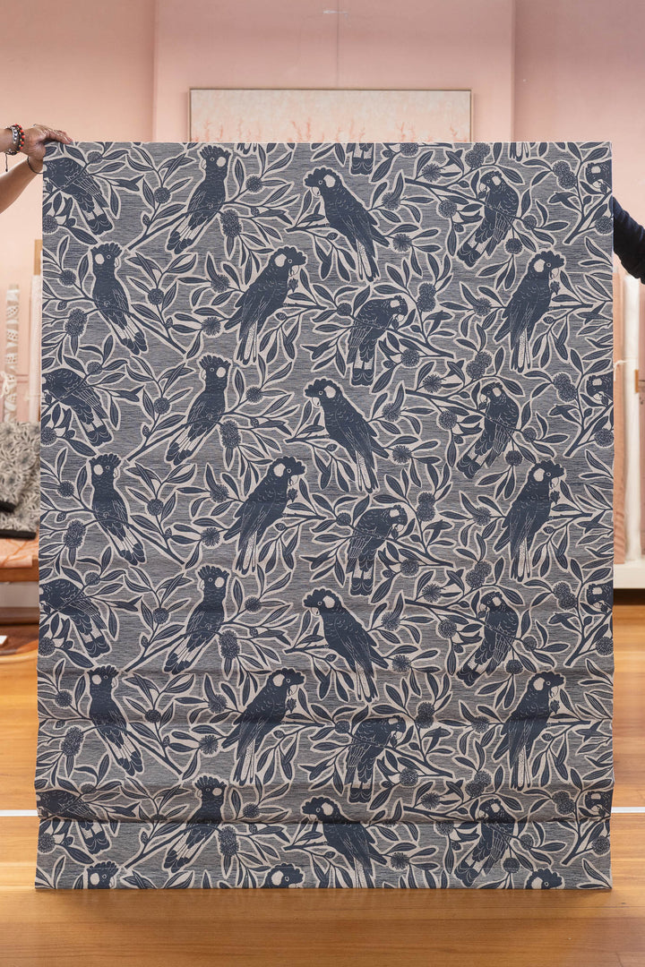 Discounted Roman Blind - Black Cockatoo in Bluestone