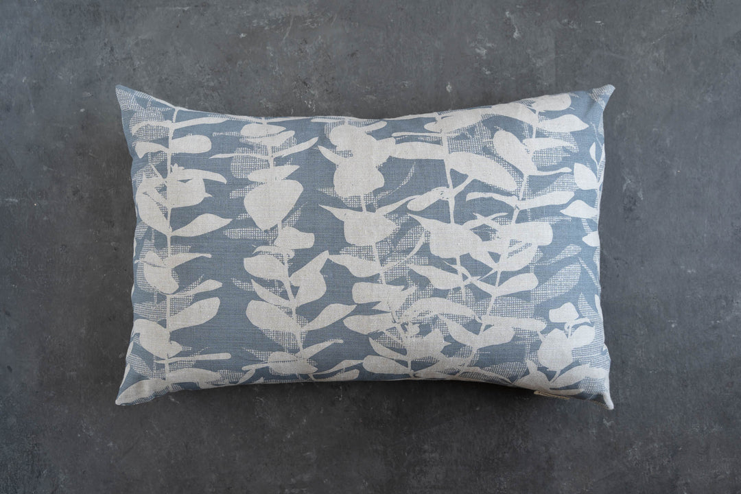 hand screen printed linen rectangle cushion – eucalyptus design – australian made