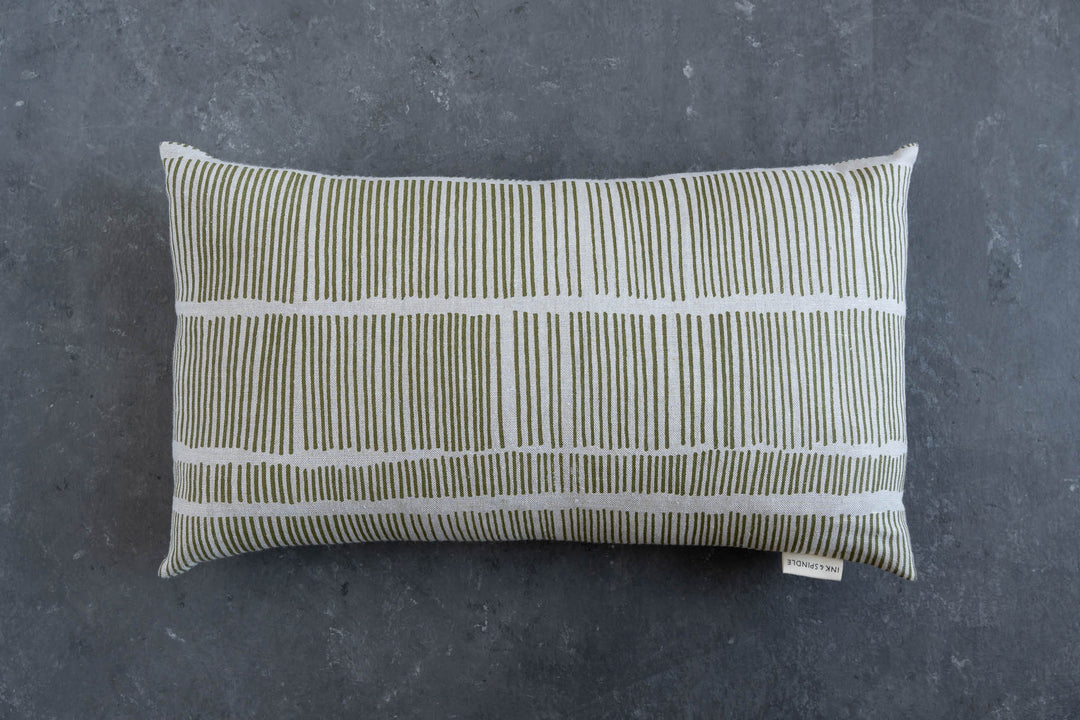 hand screen printed linen rectangle cushion – sticks design – australian made