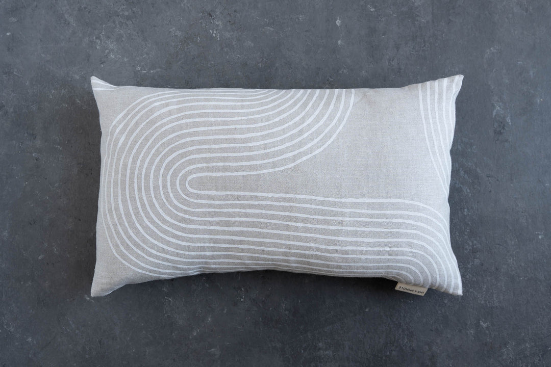 hand screen printed linen rectangle cushion – riverbend design – australian made