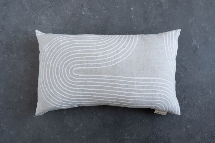 hand screen printed linen rectangle cushion – riverbend design – australian made