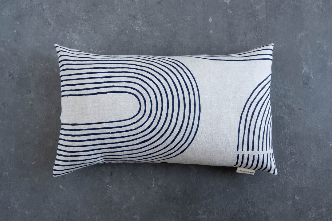 hand screen printed linen rectangle cushion – riverbend design – australian made
