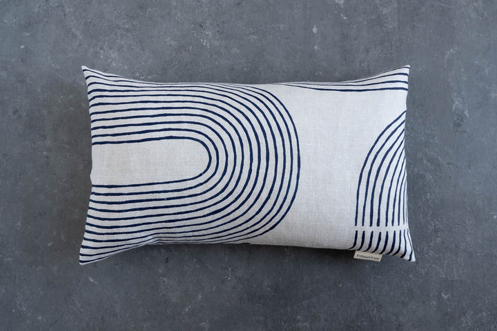 hand screen printed linen rectangle cushion – riverbend design – australian made