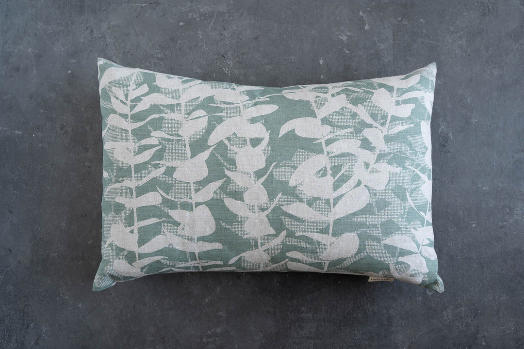 hand screen printed linen rectangle cushion – eucalyptus design – australian made