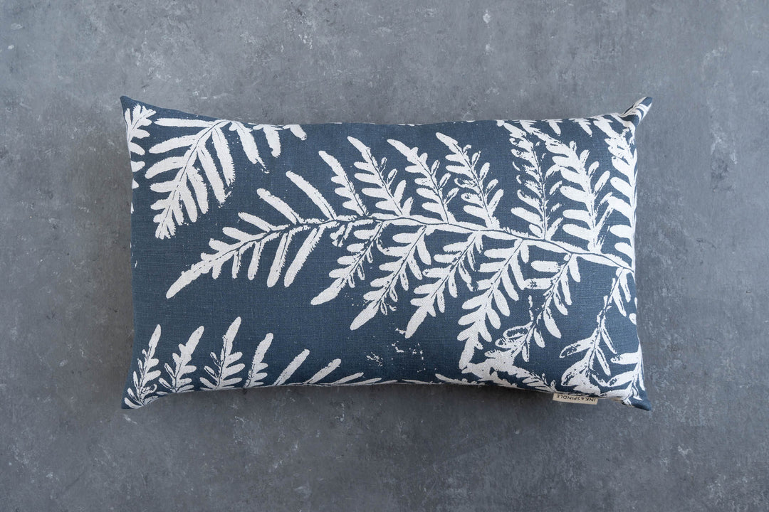 hand screen printed linen rectangle cushion – bracken design – australian made