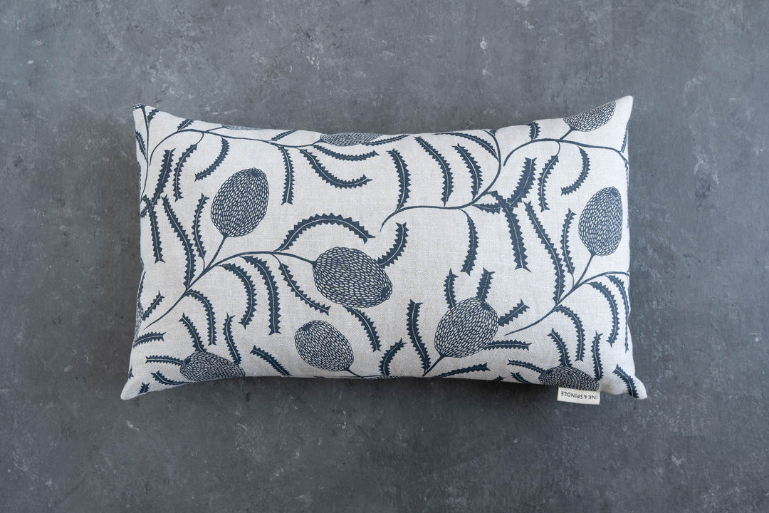 hand screen printed linen rectangle cushion – sawtooth-banksia design – australian made