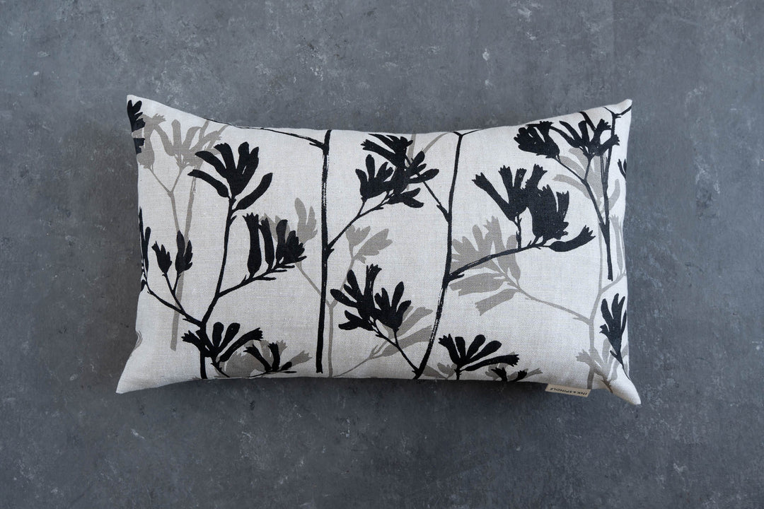 hand screen printed linen rectangle cushion – kangaroo-paw design – australian made