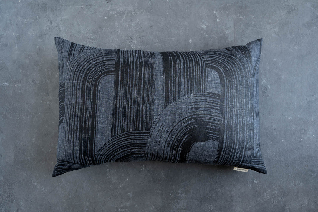 hand screen printed linen rectangle cushion – brushstroke design – australian made