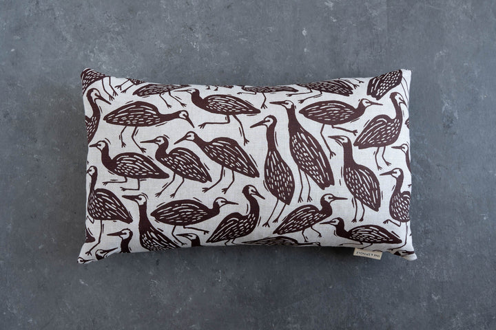 hand screen printed linen rectangle cushion – white-faced-heron design – australian made