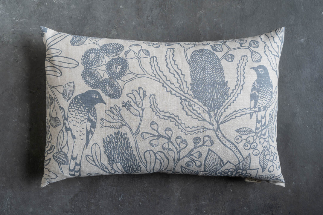 hand screen printed linen rectangle cushion – botanica design – australian made