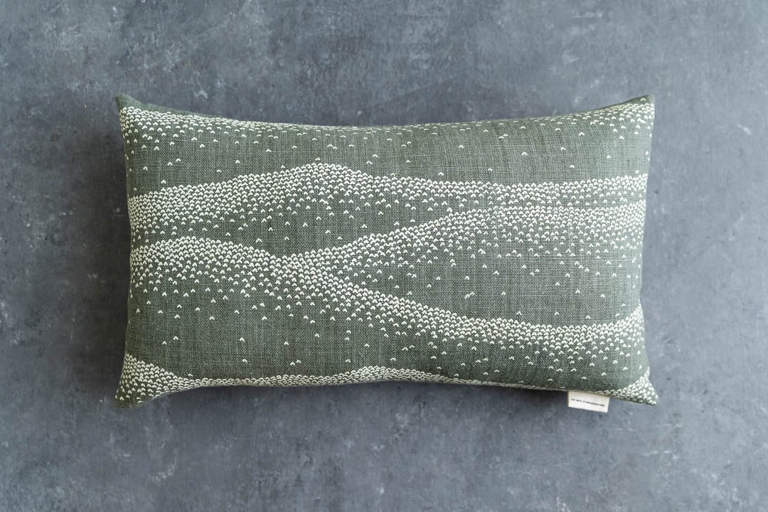 hand screen printed linen rectangle cushion – mountainscape design – australian made