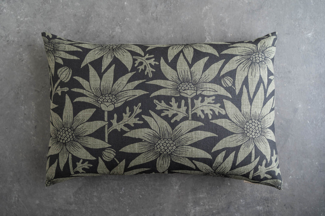 hand screen printed linen rectangle cushion – flannel-flower design – australian made