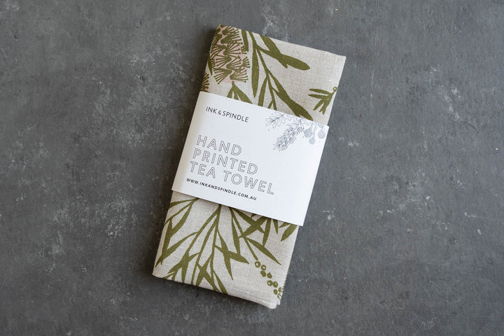 hand screen printed linen homewares – bottlebrush design – australian made