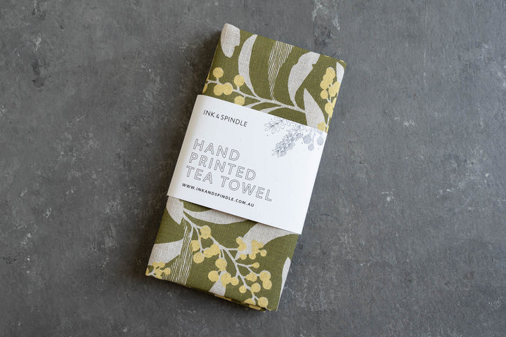 hand screen printed linen homewares – golden-wattle design – australian made