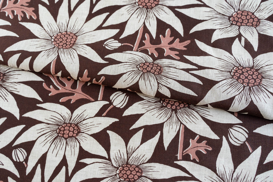 hand screen printed linen yardage – flannel-flower design – australian made