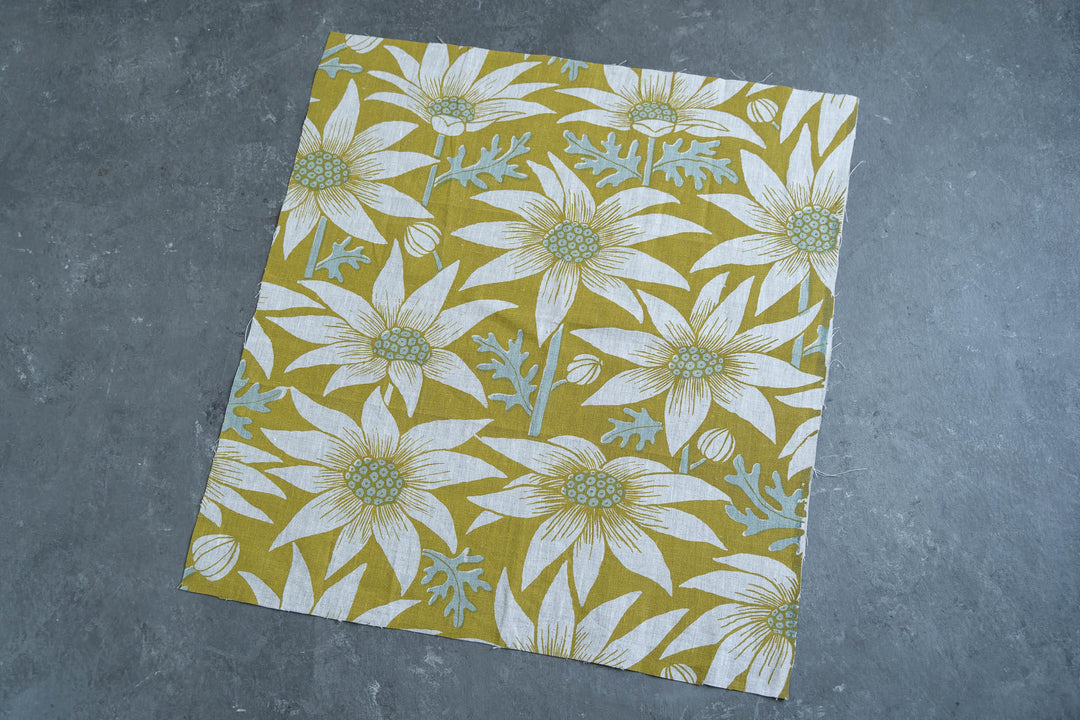 hand screen printed linen remnant – flannel-flower design – australian made