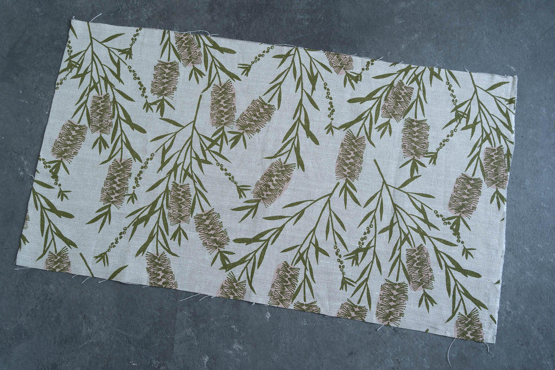 hand screen printed linen remnant – bottlebrush design – australian made