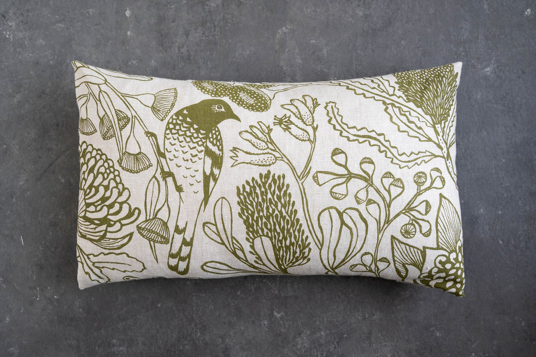 hand screen printed linen rectangle cushion – botanica design – australian made