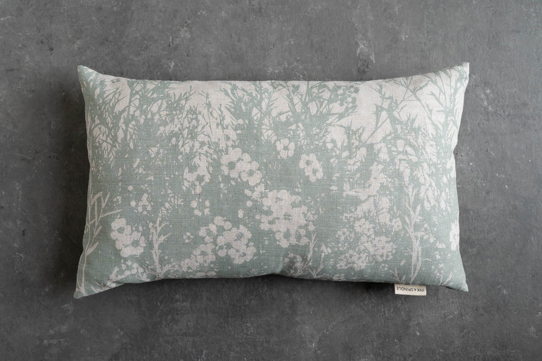 hand screen printed linen rectangle cushion – tea-tree design – australian made