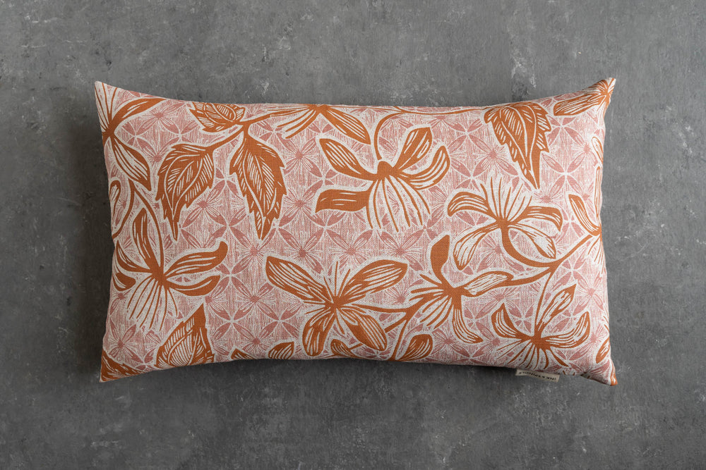 hand screen printed linen rectangle cushion – clematis design – australian made