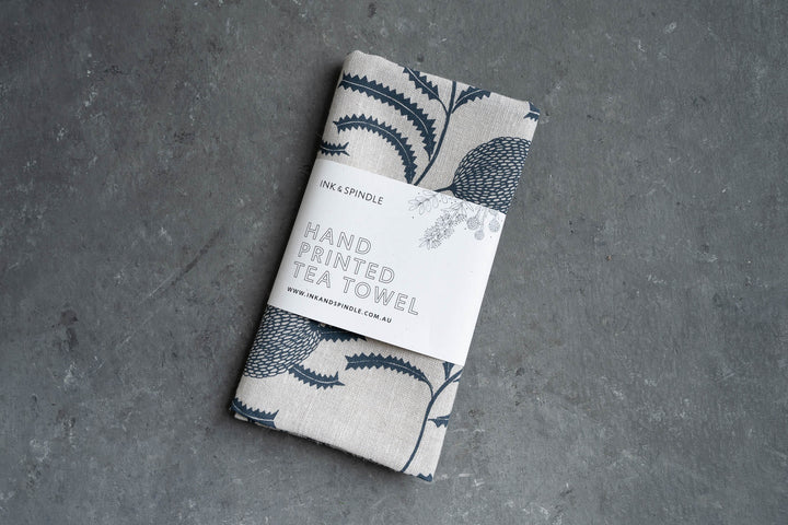 hand screen printed linen homewares – sawtooth-banksia design – australian made