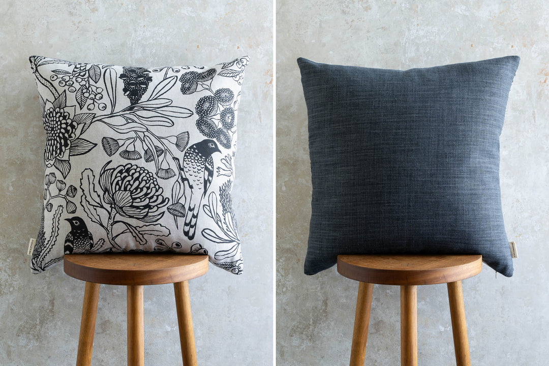 hand screen printed linen square cushion – botanica design – australian made