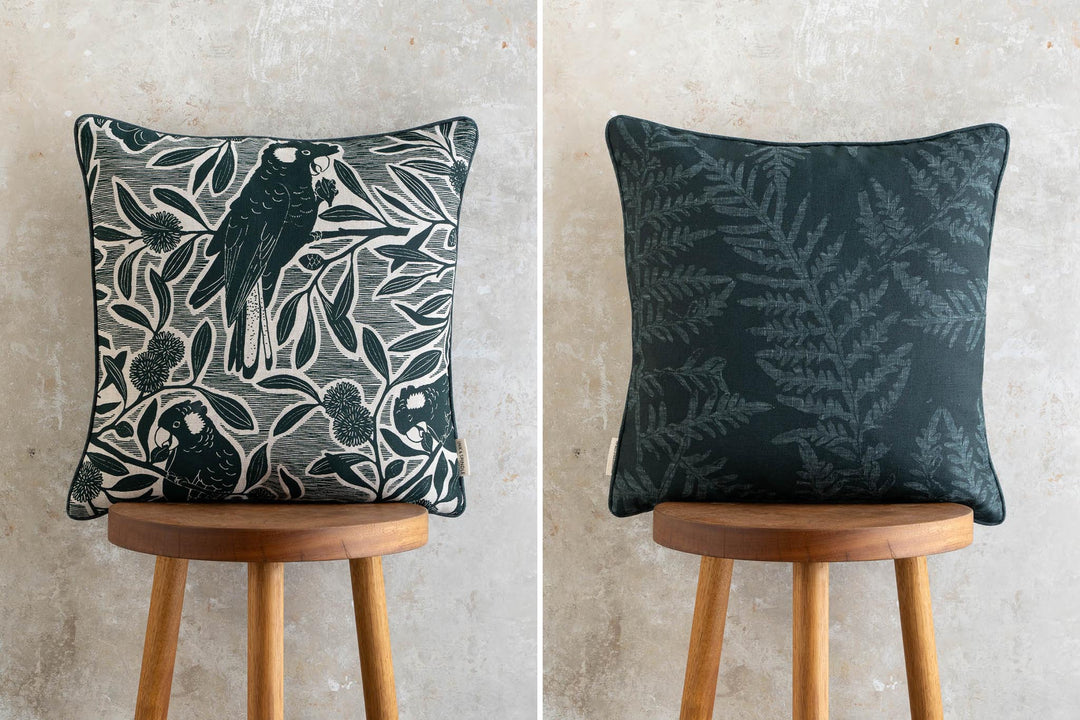 hand screen printed linen square cushion – black-cockatoo design – australian made