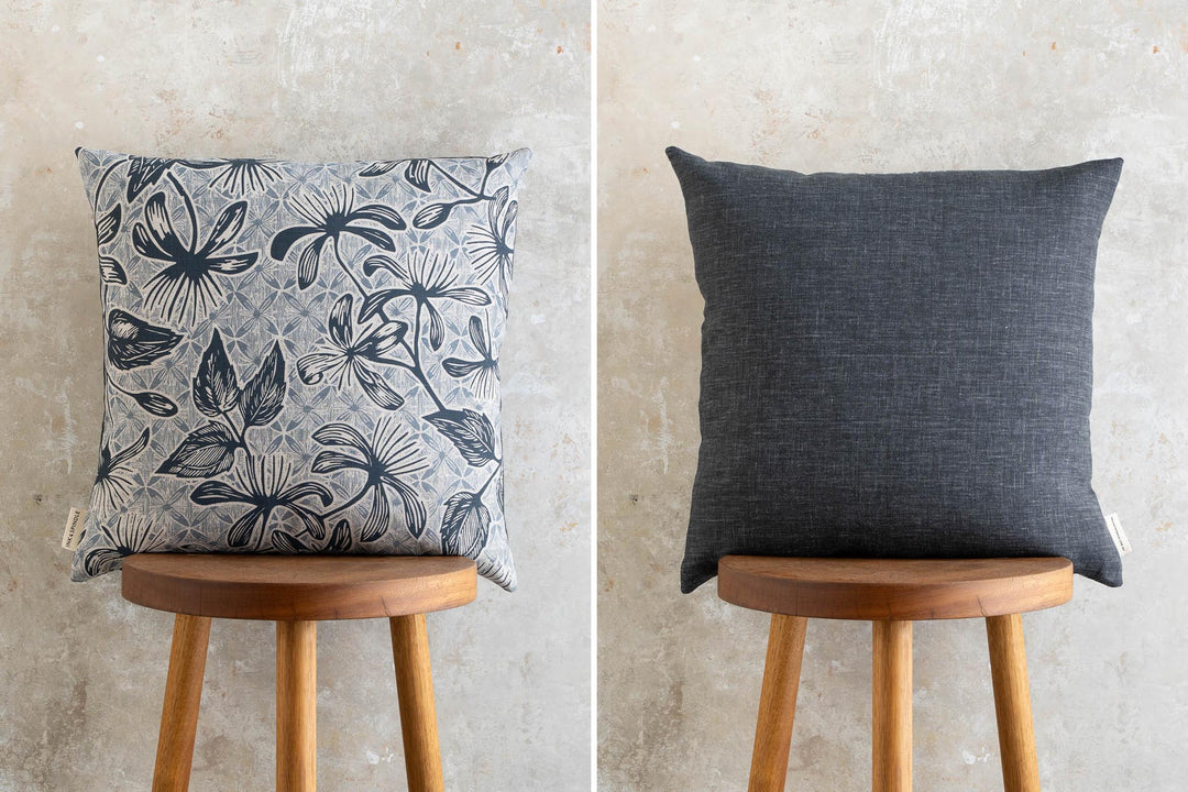 hand screen printed linen square cushion – clematis design – australian made