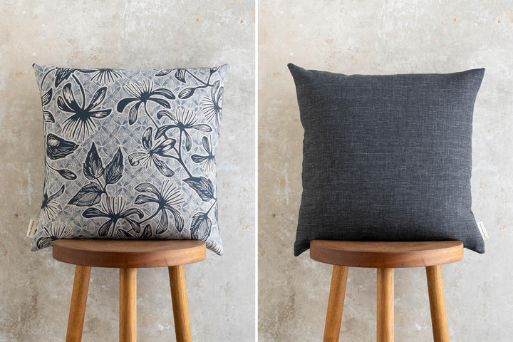hand screen printed linen square cushion – clematis design – australian made