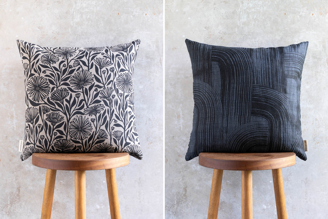 hand screen printed linen square cushion – native-daisy; brushstroke design – australian made