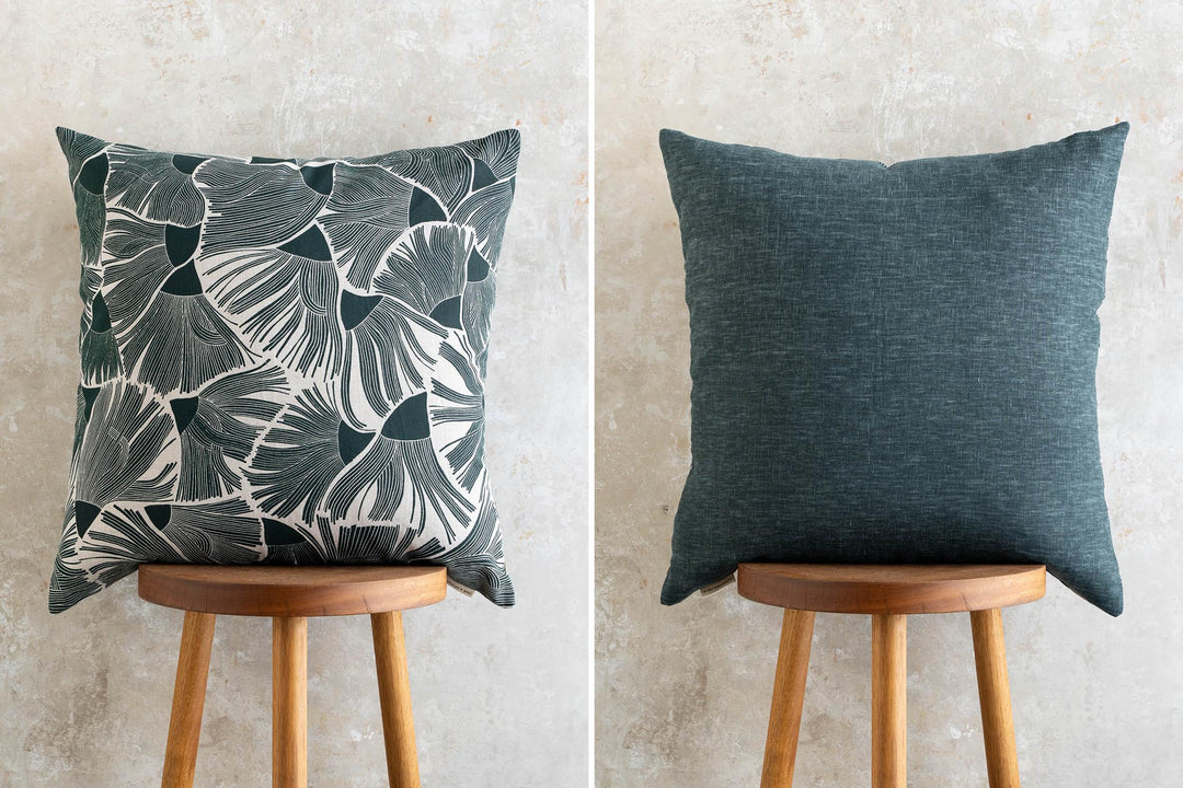 hand screen printed linen square cushion – gumflower design – australian made