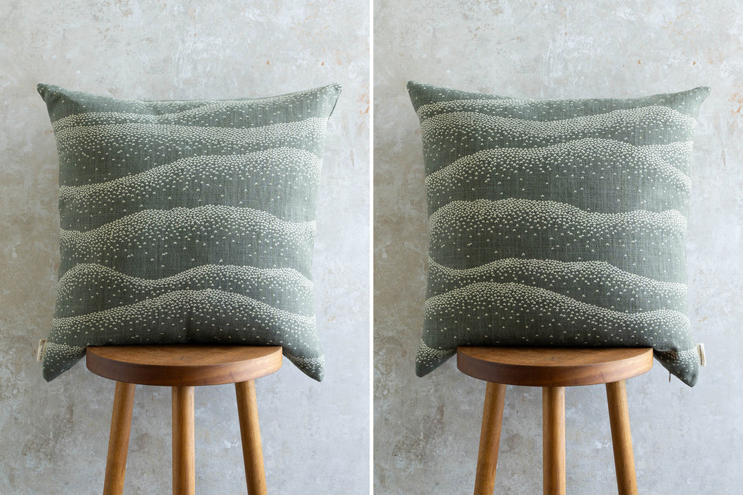 hand screen printed linen square cushion – mountainscape design – australian made