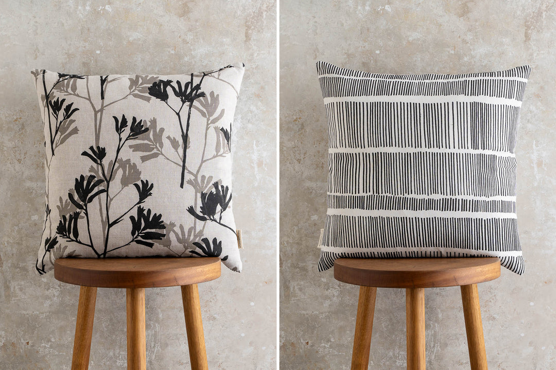 hand screen printed linen square cushion – kangaroo-paw; sticks design – australian made