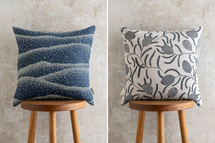 hand screen printed linen square cushion – mountainscape; sawtooth-banksia design – australian made