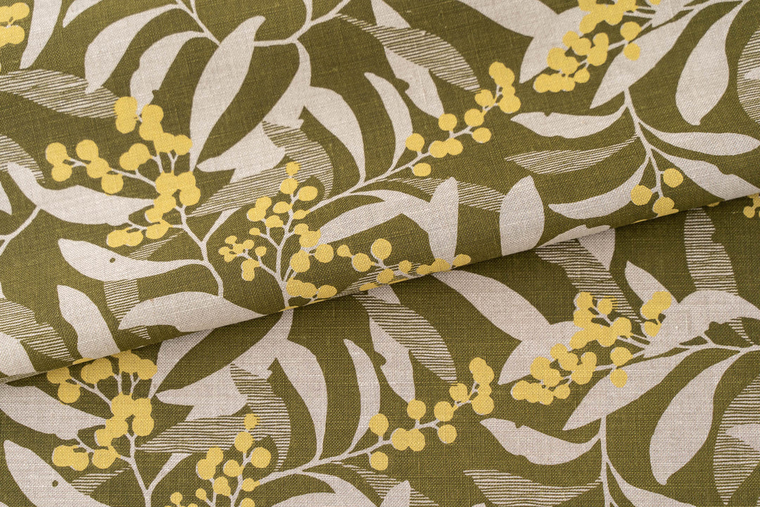 hand screen printed linen yardage – golden-wattle design – australian made